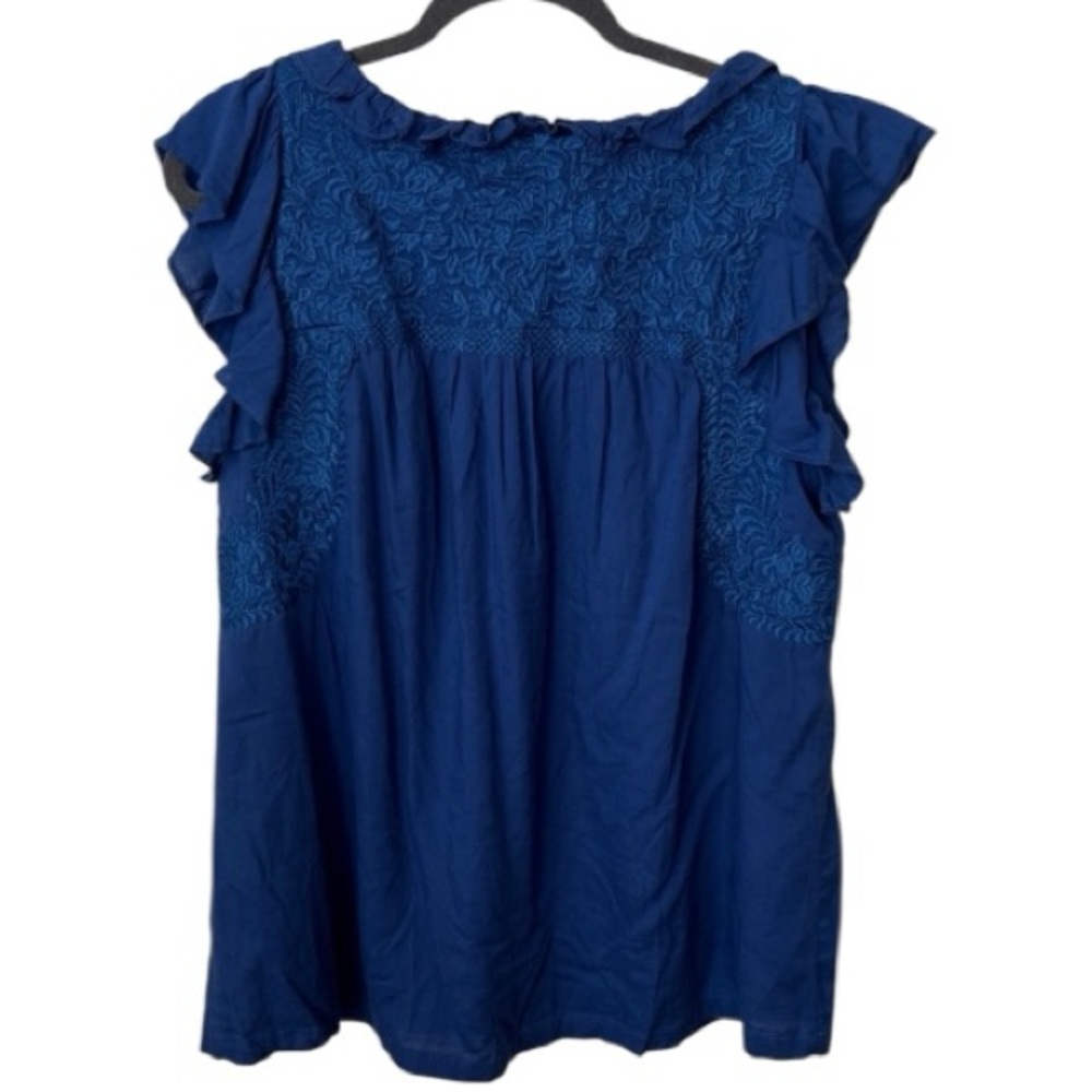 J. Marie Woven Embroidered Ruffled Cap Sleeve Top Size L In Cobalt Blue - Picture 4 of 12